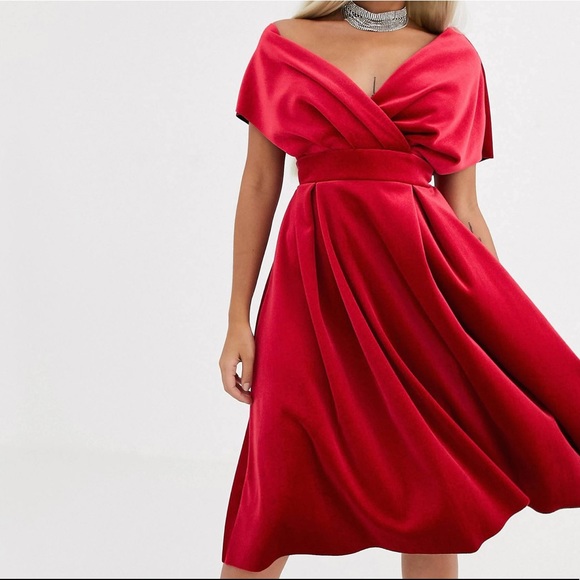ASOS Petite Dresses & Skirts - ASOS Design Petite Velvet fallen shoulder midi prom dress with tie detail